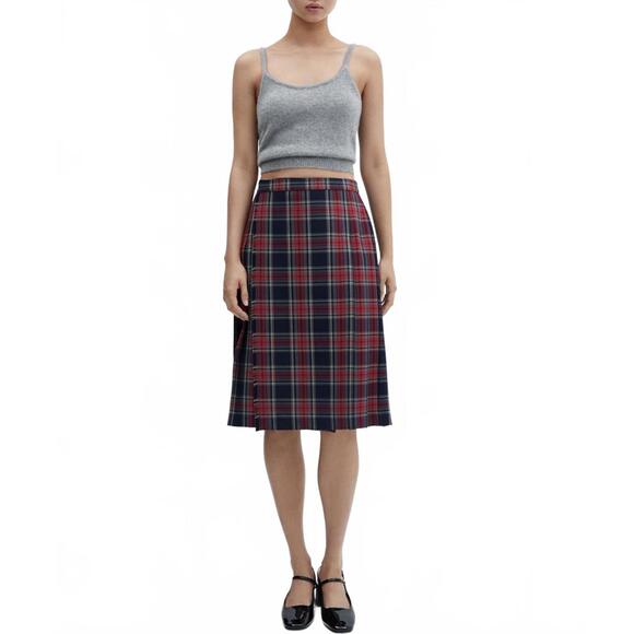 Mango Pleated Midi-Skirt Red Blue NWT Small - Picture 6 of 7